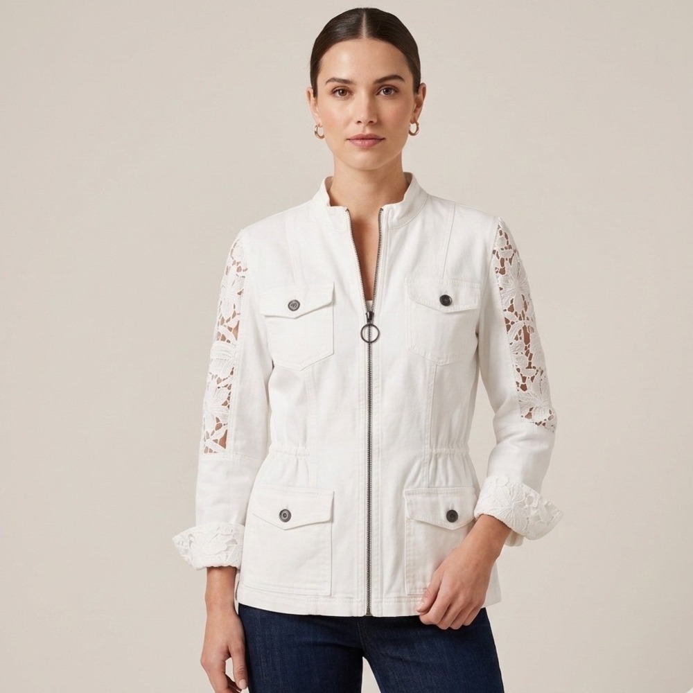 XCVI Mindset Jacket Medium M White Crochet Lace Back Boho Festival Utility Zip